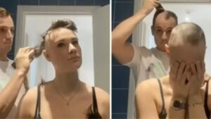 Dopo aver rasato la testa della sua ragazza con l’alopecia, si rade anche la sua e scoppiano a piangere