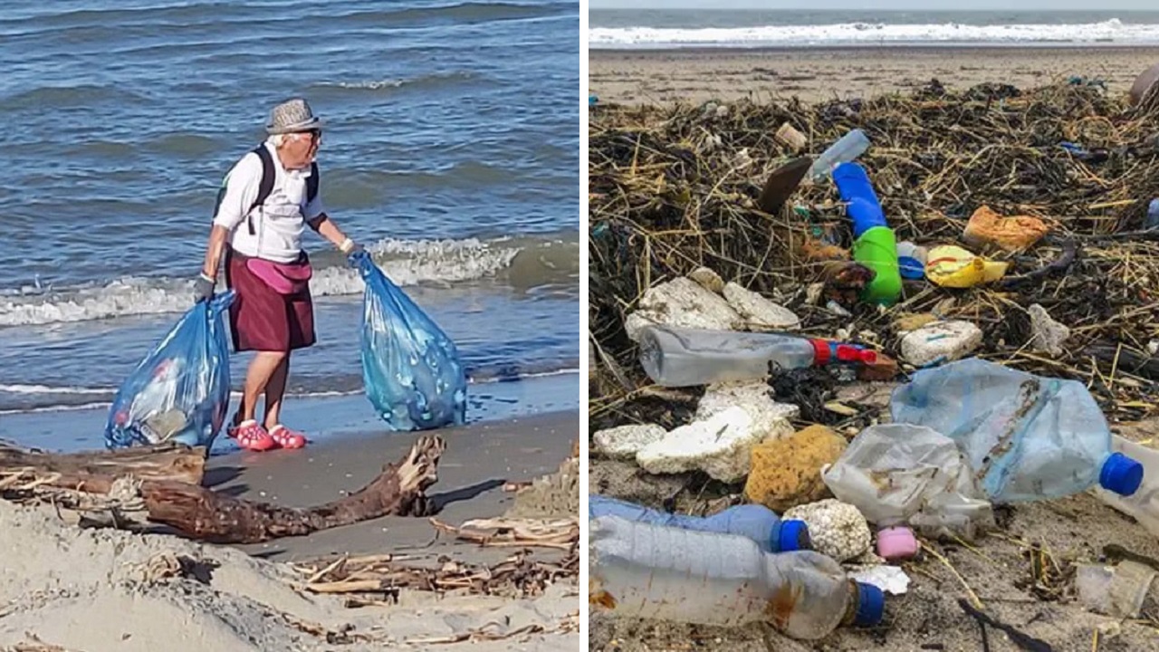 anziano ripulisce le spiagge dalla plastica