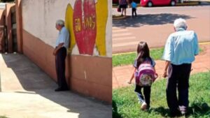 Nonno aspetta la sua pronipote ogni giorno dopo la scuola